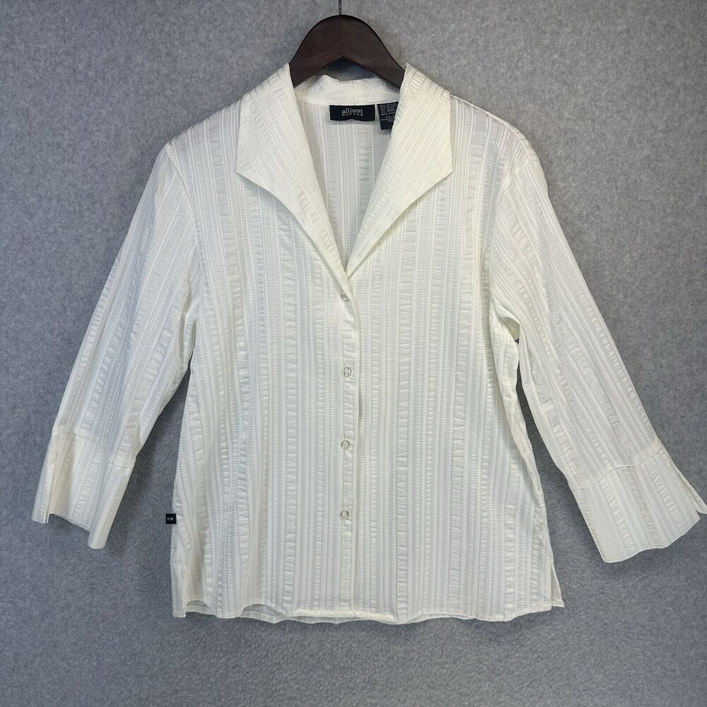 Allison Morgan Blouse Womens Large White Textured Button Up Stretch V-Neck